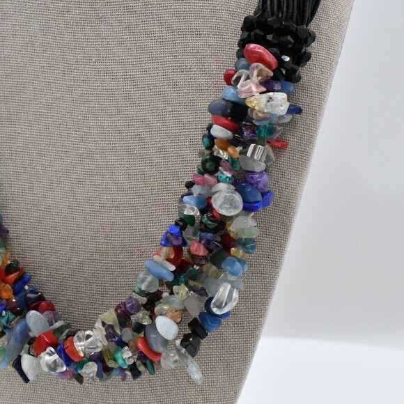Vintage Multi-Gem Black Cord & Chip Stone Necklace 20 3/4" - Picture 6 of 7